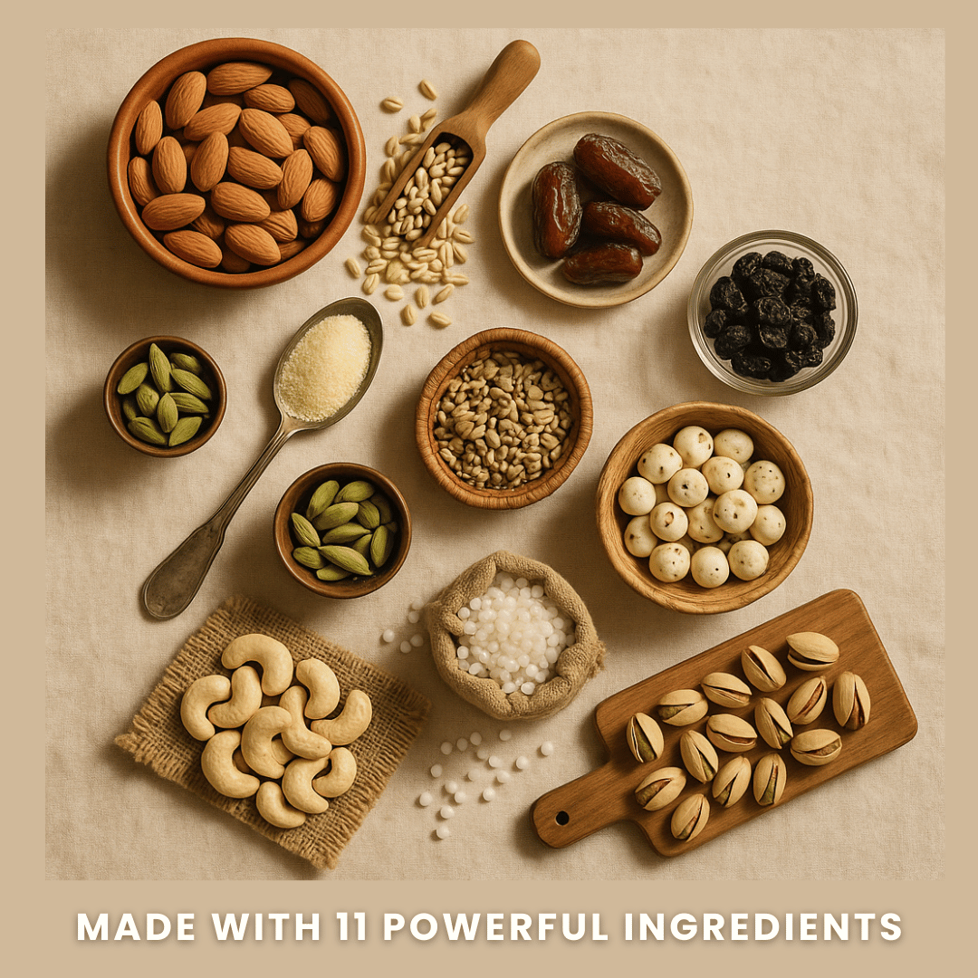 Assorted nuts, seeds, and dried fruits on a beige background with text 'MADE WITH 11 POWERFUL INGREDIENTS'.