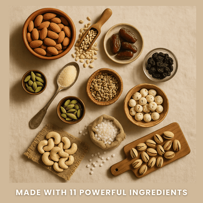 Assorted nuts, seeds, and dried fruits on a beige background with text 'MADE WITH 11 POWERFUL INGREDIENTS'.